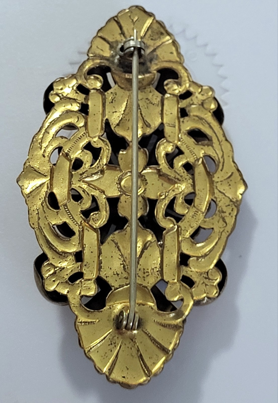 Antique Brooch Brass Three Blue Moonstone Layered 1920-1935 Art Deco