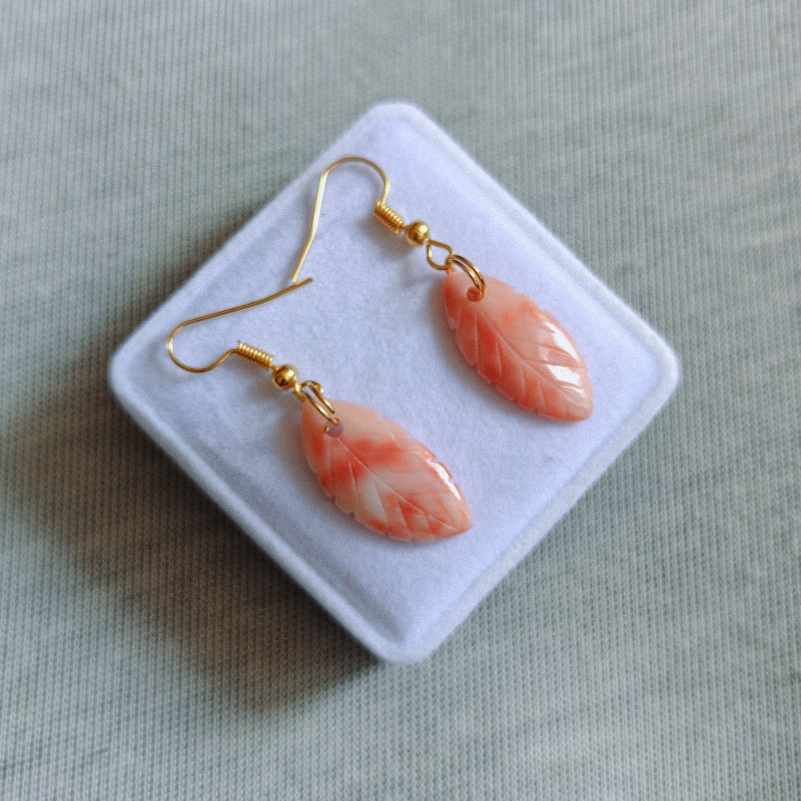 Natural Japanese Pink Coral Leaf Carving Brass Earrings Handmade Jewelry