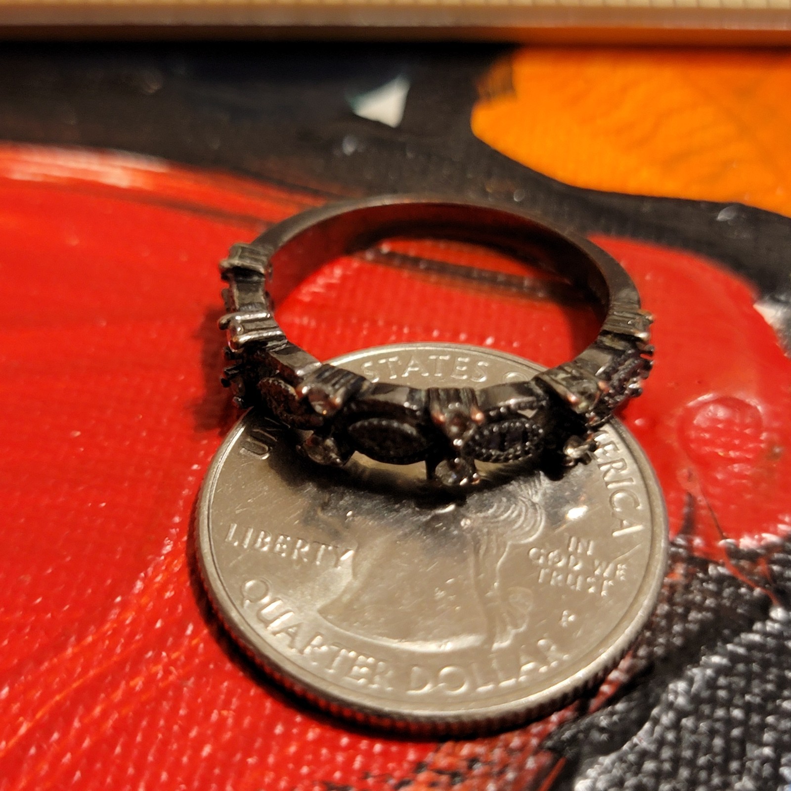 RARE black ruthenium-plated sterling wedding band with clear stones size 8.5