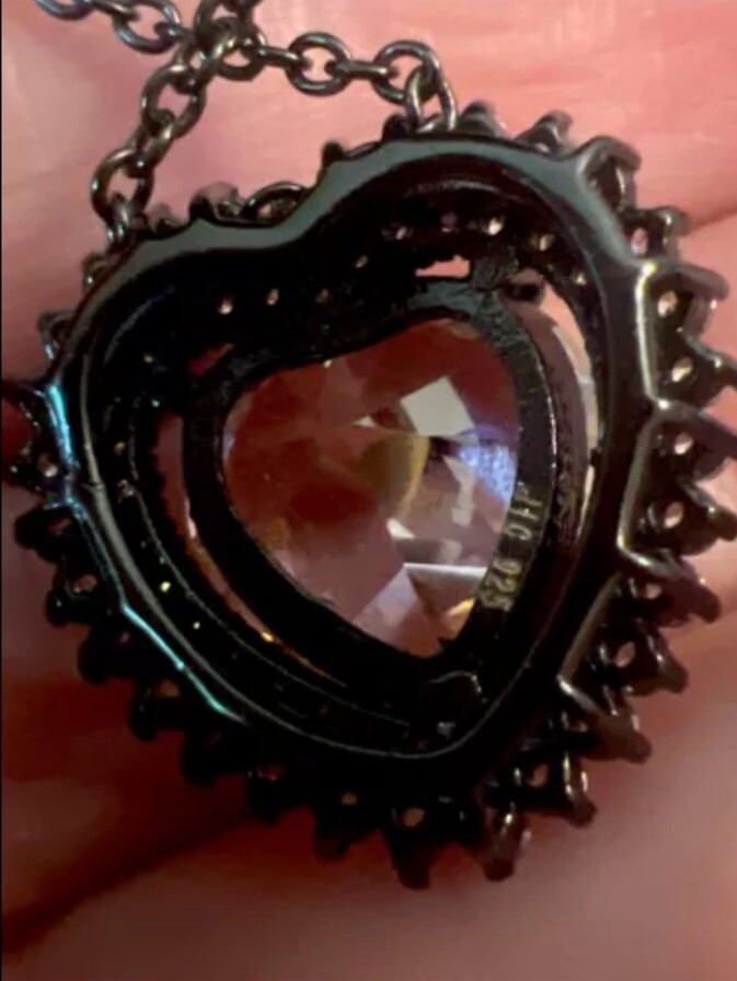 PINK HEART W/CLEAR CZ 925 BLACKENED STERLING SILVER NECKLACE 7.75-9.75”