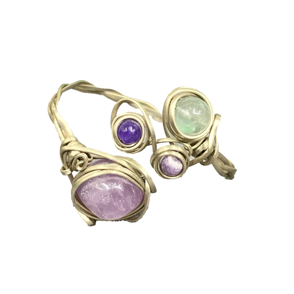 Silver-Toned Amethyst/Multi-Stone Bohemian Artsy Wrap Bracelet
