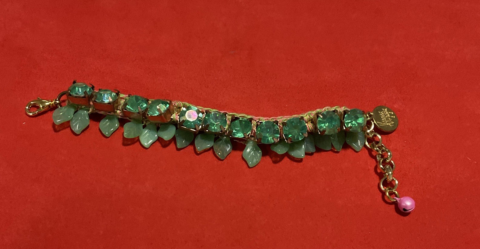 Venessa Arizaga Handcrafted Crochet Bracelet Faceted Green Crystals Leaf Charms