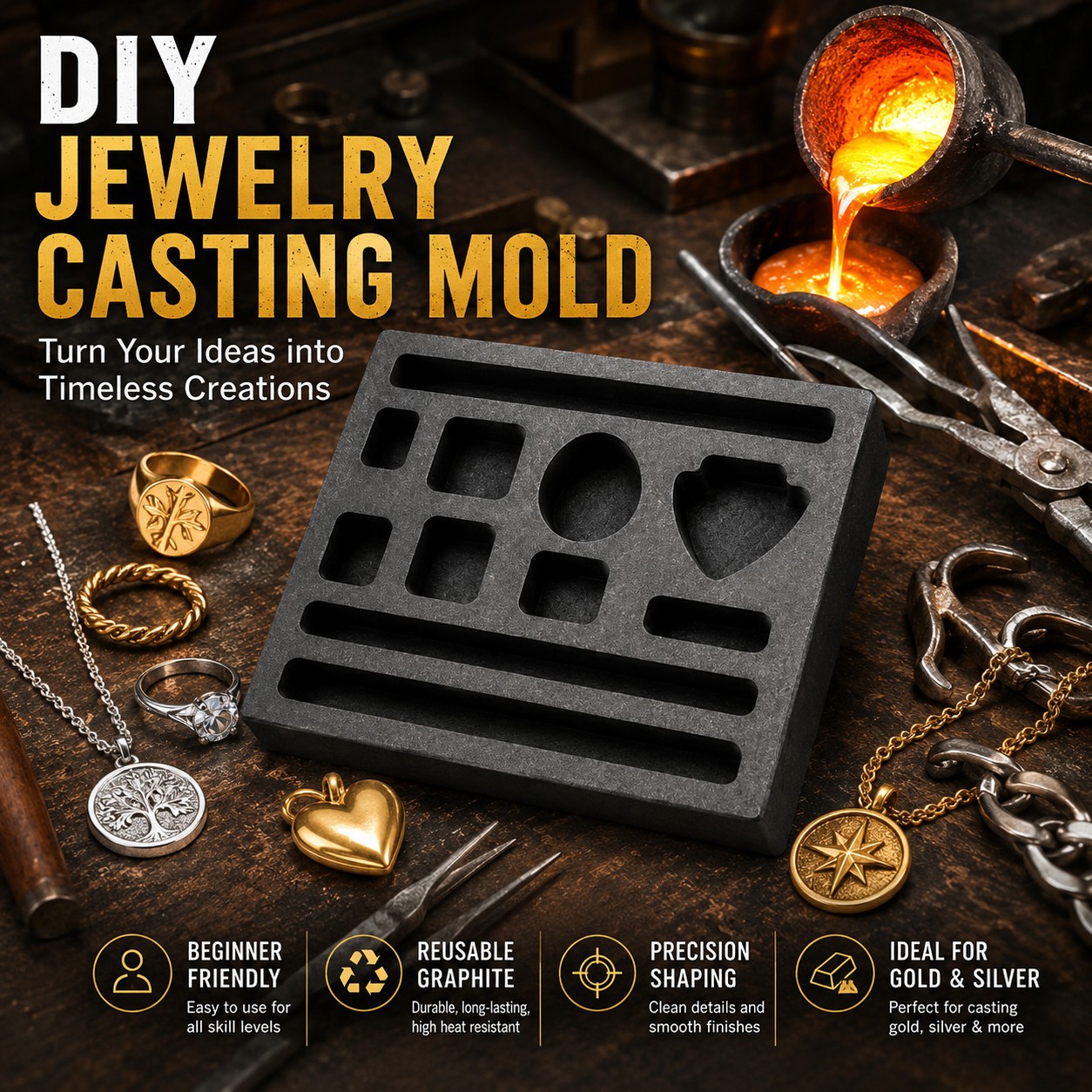 Graphite Ingot Casting Mold 4x4in Gold Silver Copper Bar Coin Tool Block Set Die