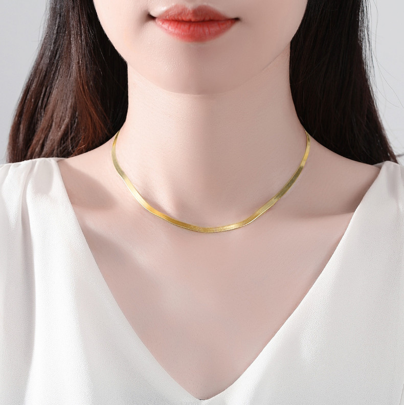 Gold Plated Sterling Silver Flat Herringbone Chain Choker Necklace 16″/18″ PE36