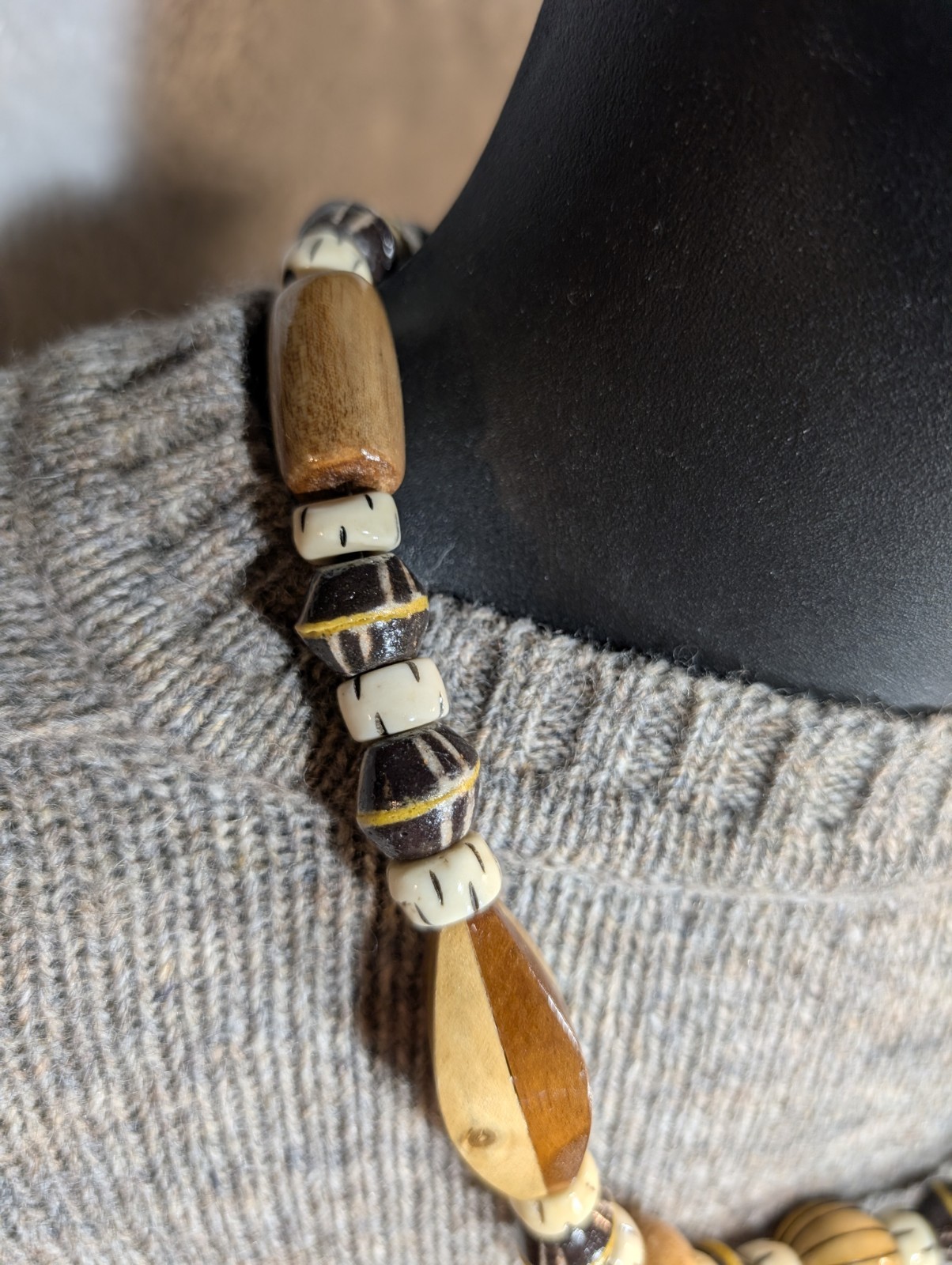 Tribal Wood Bead Necklace, African Krobo Bicone, Bone, Men’s 23in, Earth Tones