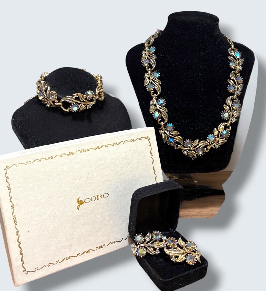 Vintage Coro AB Rhinestone Parure Necklace Bracelet Clip Earrings Set