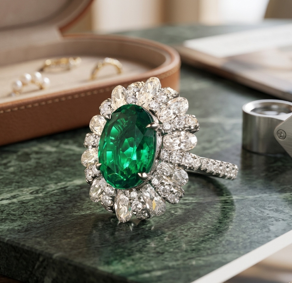 Oval Natural Emerald & Diamond Wedding Gift Ring 14k White Gold (Import Free)