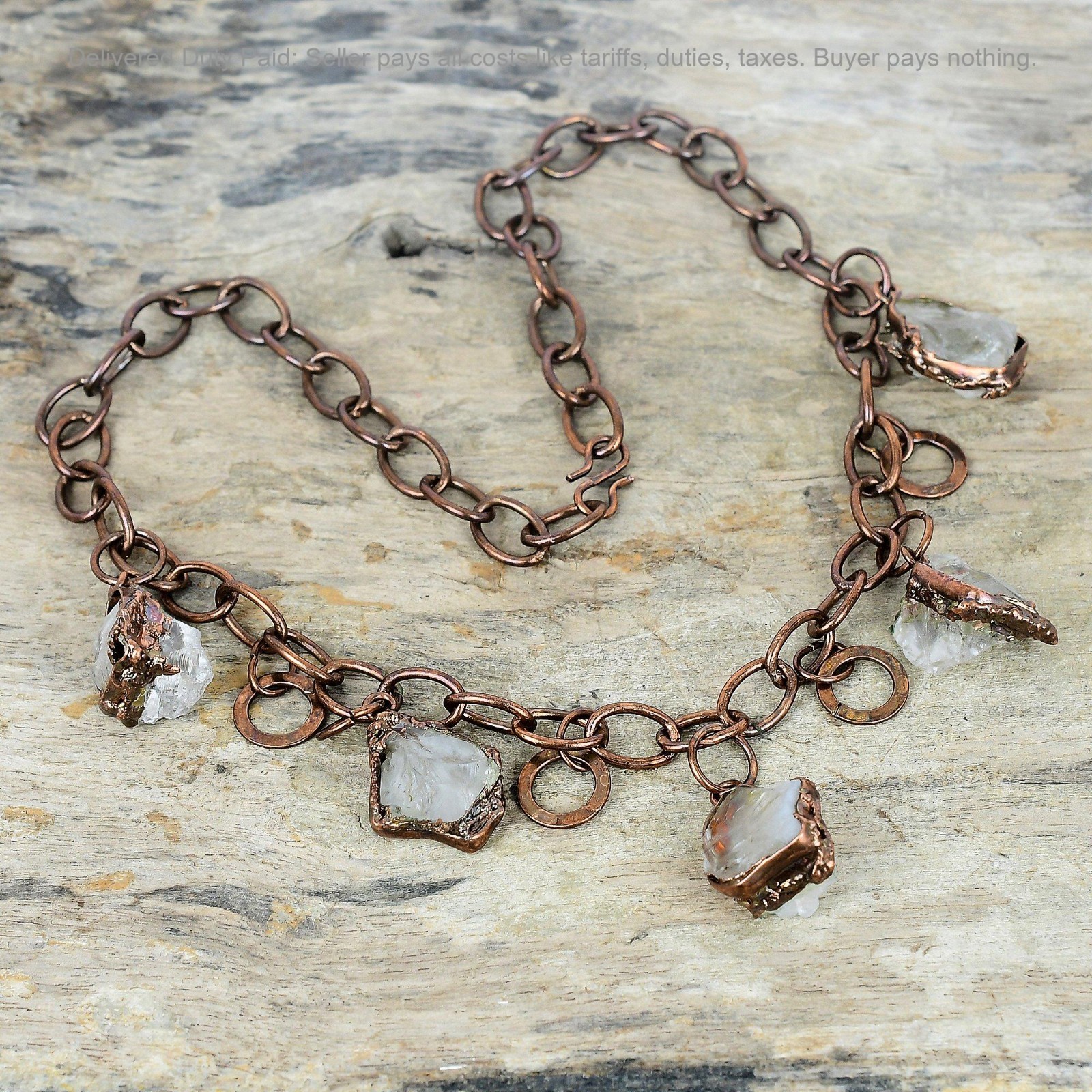 Copper Pentagon White Topaz Rough Gemstone Electroformed Chain Necklace Jewelry