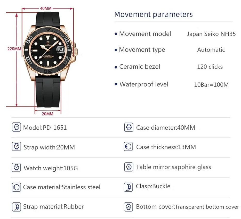 PAGANI DESIGN PD-1651 Automatic Mechanical Watch Japan NH35A Black Gold