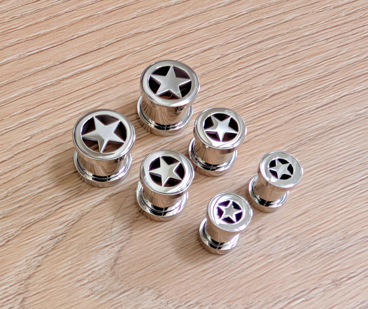 Surgical Steel Star Tunnels Plugs Gauges 00g 0g 2g 10mm 8 6 mm Screw On Off Pair