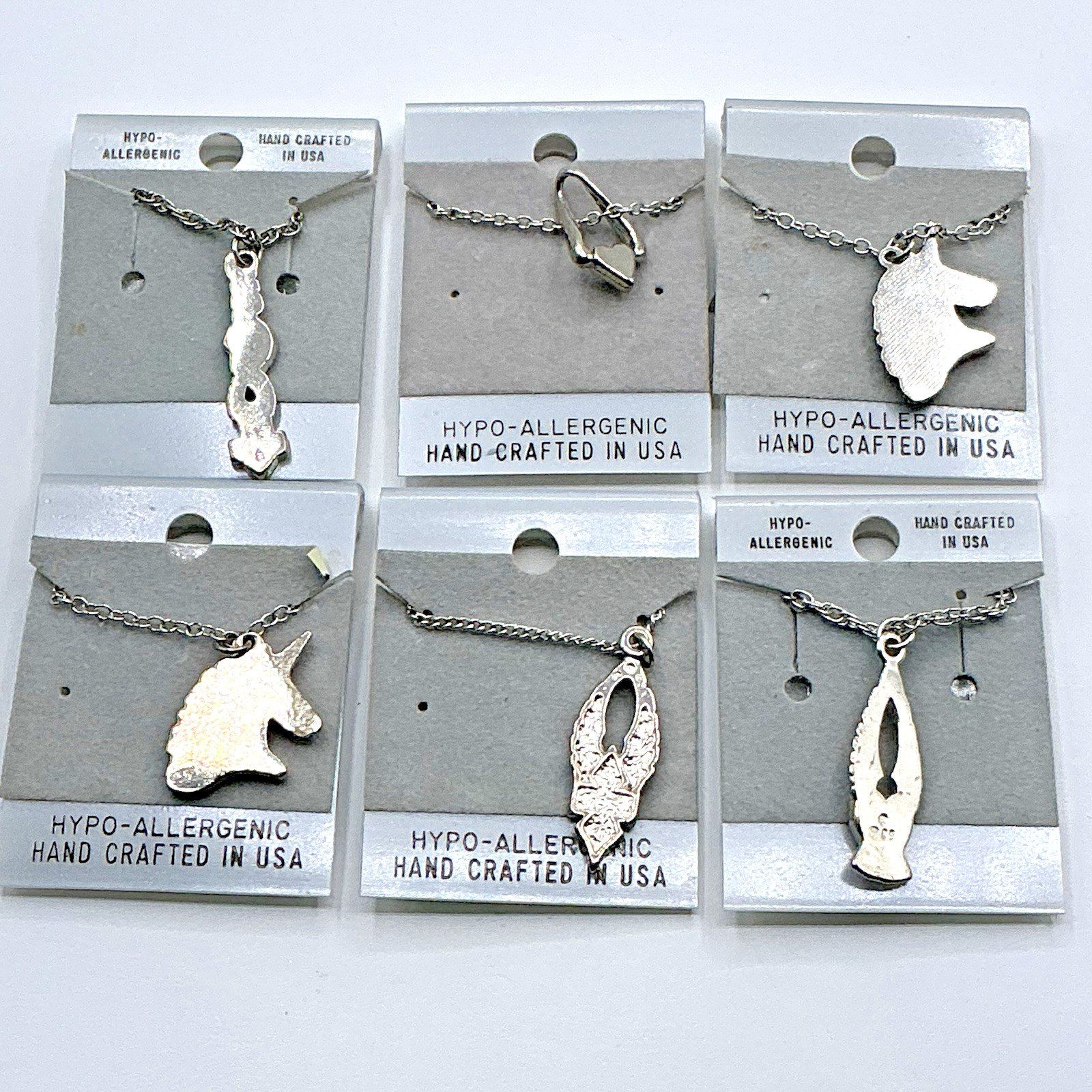 Vtg Silver Tone 18” Necklace Lot of 6 Hand Crafted In USA Heart Unicorn Snake