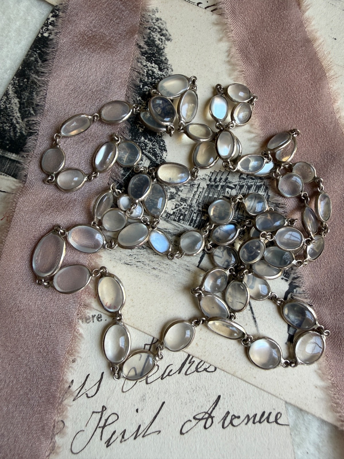 Antique Edwardian 30″ Sterling Moonstone Riviere Necklace/Sautoir