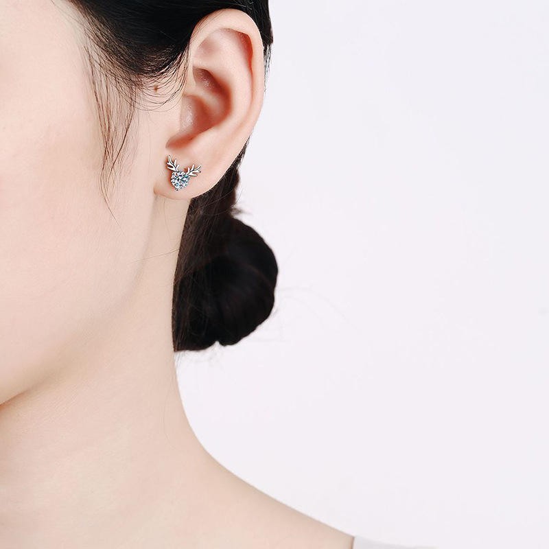 925 Sterling Silver Reindeer Stud Earrings Moissanite Deer Christmas Gift Women