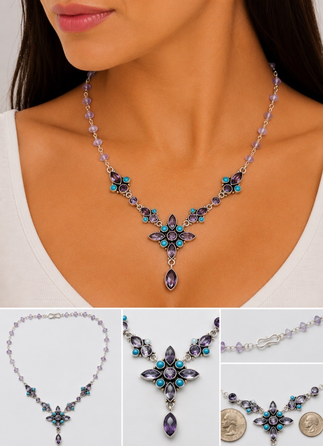 Estate 925 Sterling Silver Amethyst Turquoise Floral Necklace 20″ India Gift