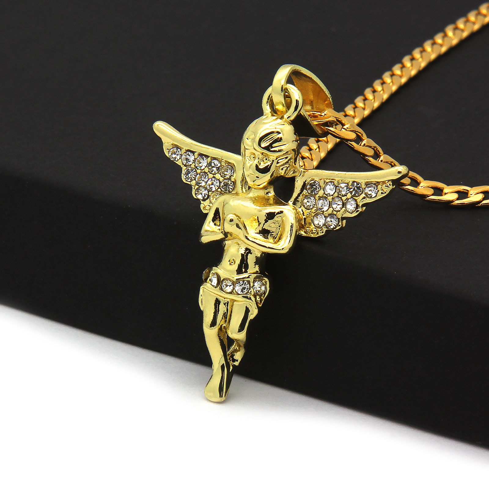 Men & Women Angel Pendant Cubic-Zirconia Gold Plated stainless steel Cuban 24″