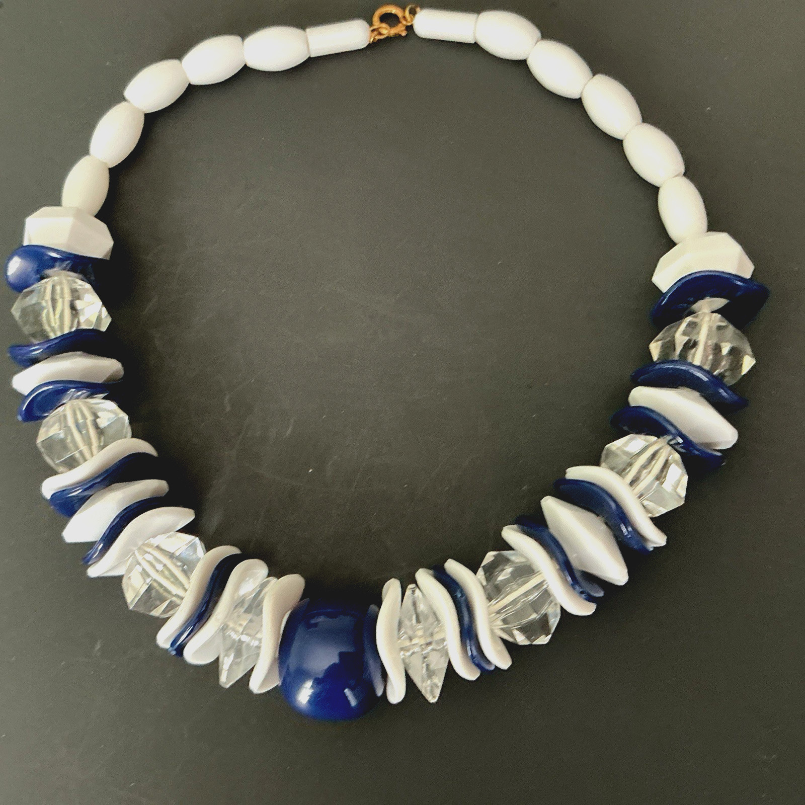 VTG Rare Necklace Statement Chunky White Blue Clear Lucid Bead 19″ Czech Rep New