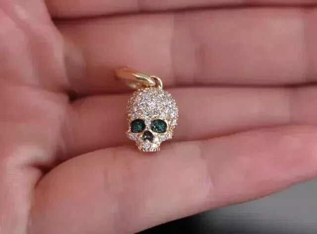 14k Yellow Gold Plated Pave set Lab Created Diamond Memento Mori Skull Pendant