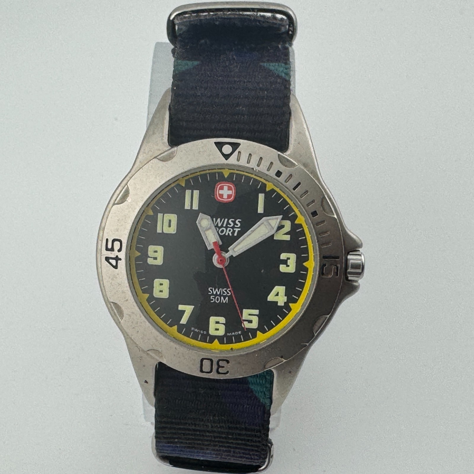 VTG Swiss Sport Quartz Watch Men 50m Silver Black Nylon Band Analog New Battery