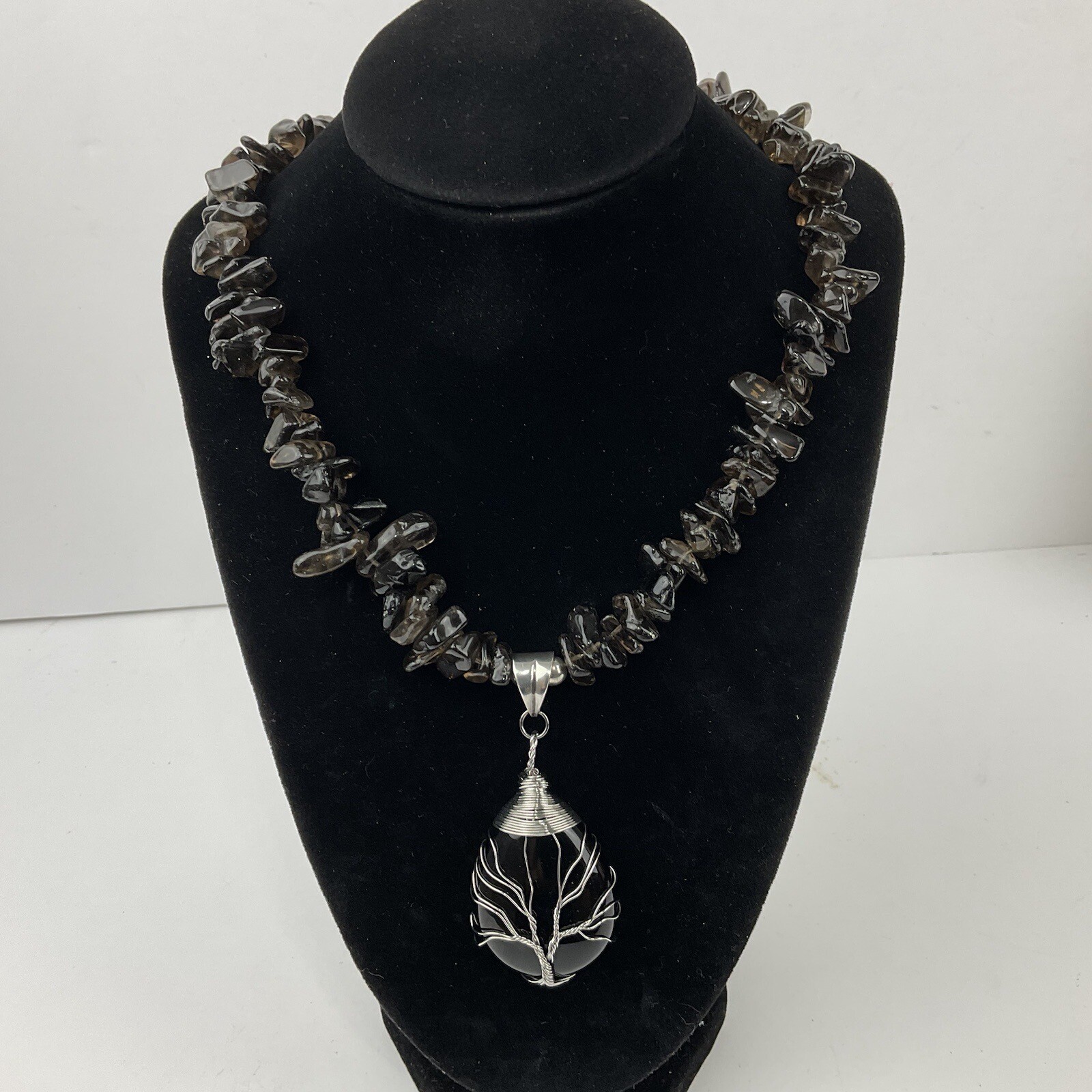 Artisan Obsidian Tree of Life Sterling Wrapped Pendant Smokey Quartz Necklace
