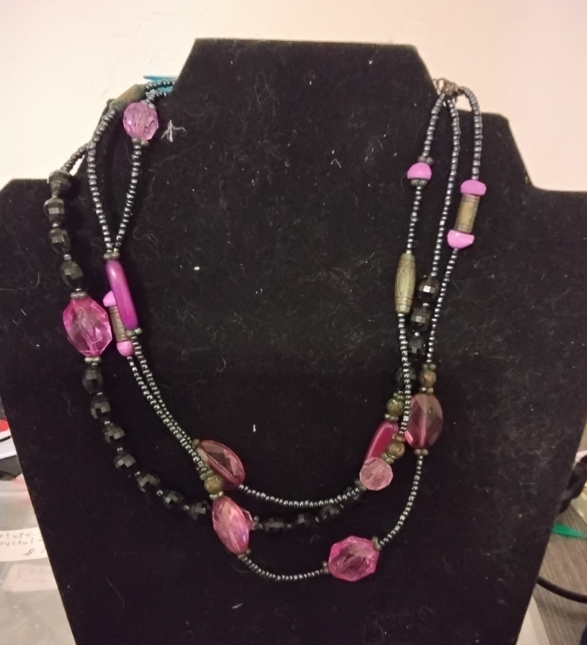 Layered Multi-Strand Beaded Necklace – Black/Pink Faceted Glass & Plastic Vtg