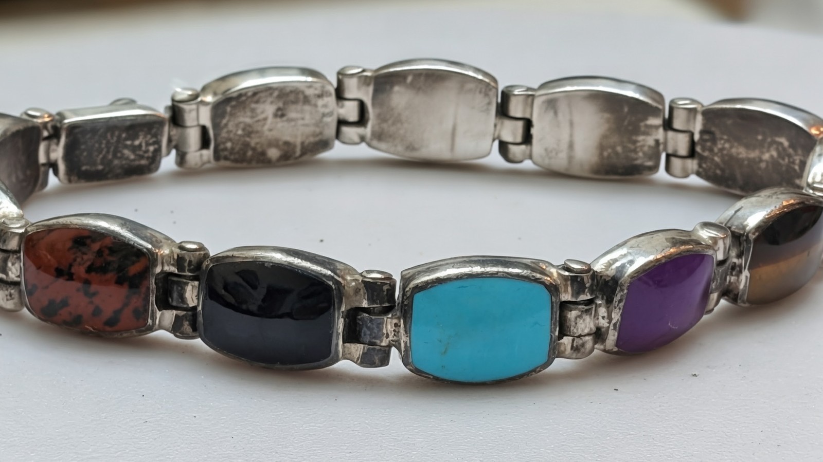 Vintage Taxco Mexico 950 Silver Multi Stone Inlay Link Bracelet 7.5″ 27.6g TJ-88