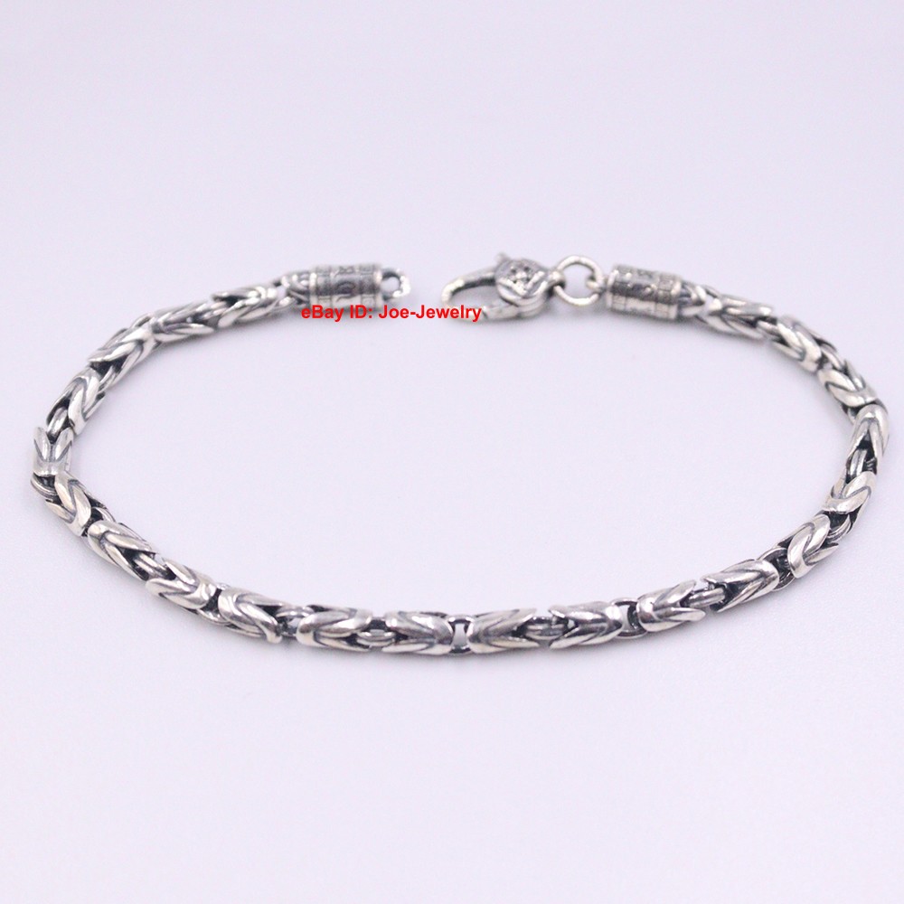 Real 925 Sterling Silver Bracelet 4mm Byzantine Link Men’s Chain 8.26inch