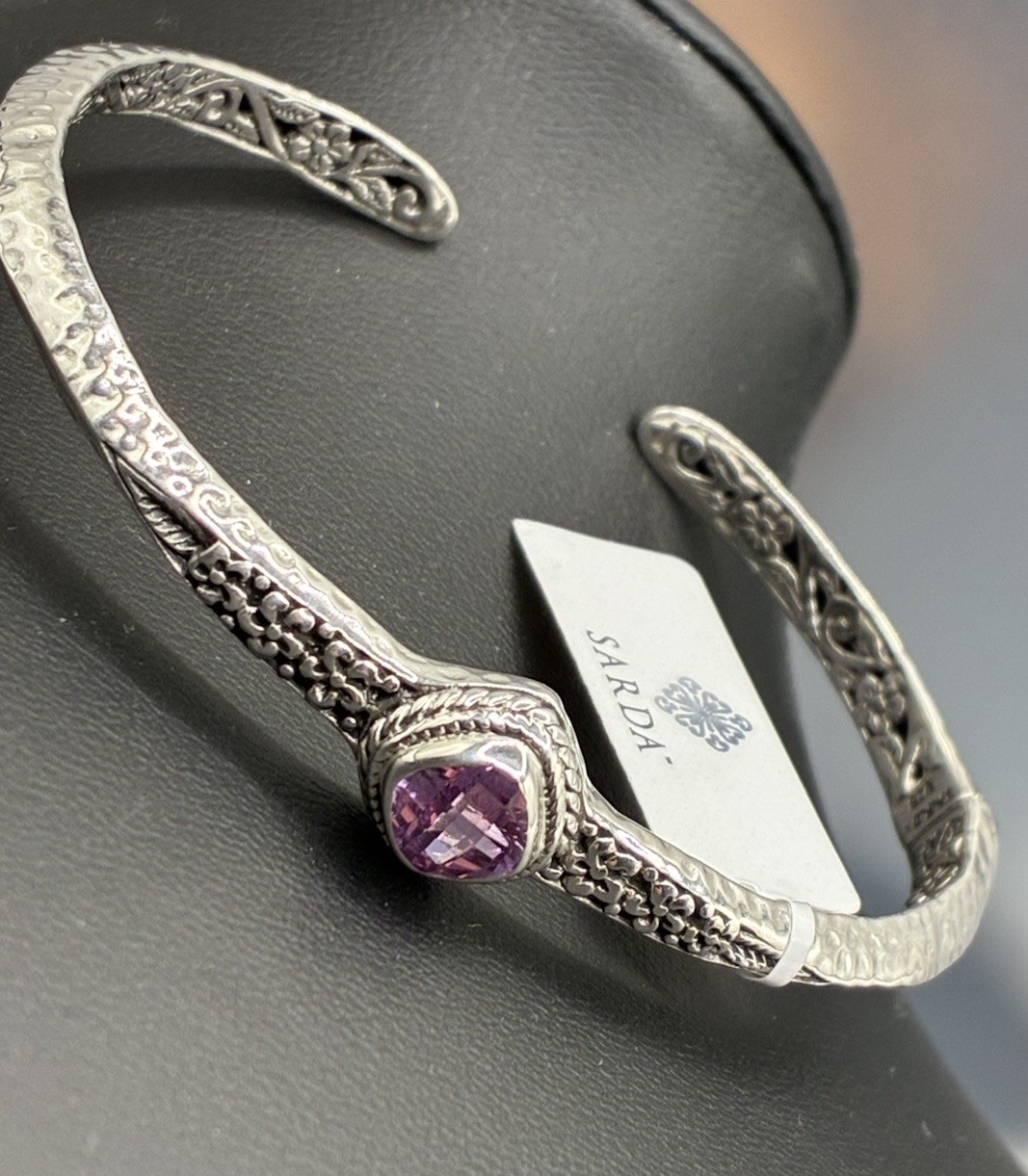 Sarda Light Pink Lab Created Sapphire Sterling Silver Cuff Bracelet Size 7.25