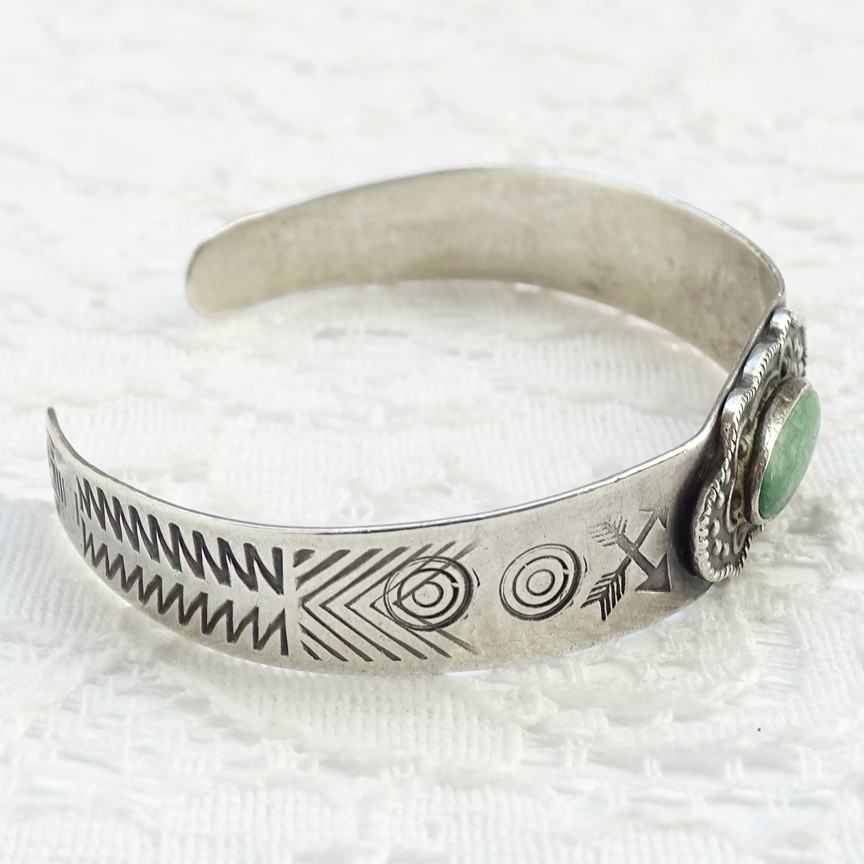 Fred Harvey Era Native American 5 1/4” Turquoise Cuff Bracelet Stamp Decorated