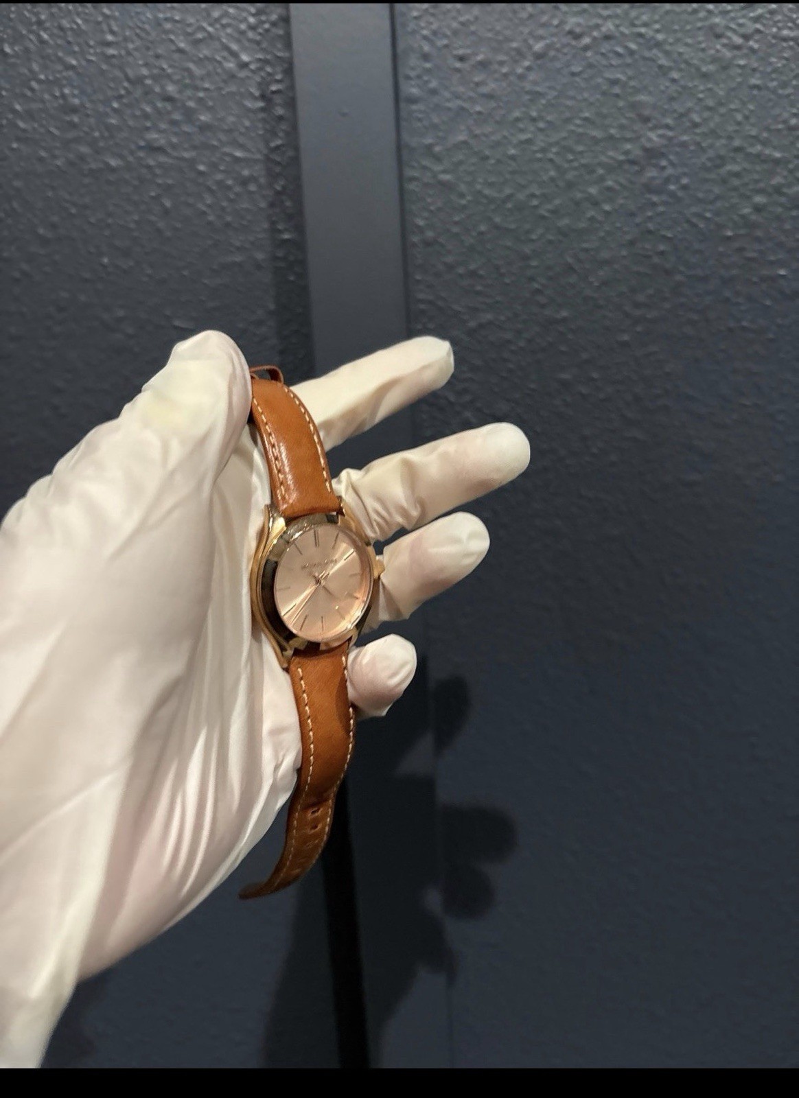 Michael Kors Slim Runway MK3425 Rose Gold Tan Leather Watch Women NEEDS BATTERY
