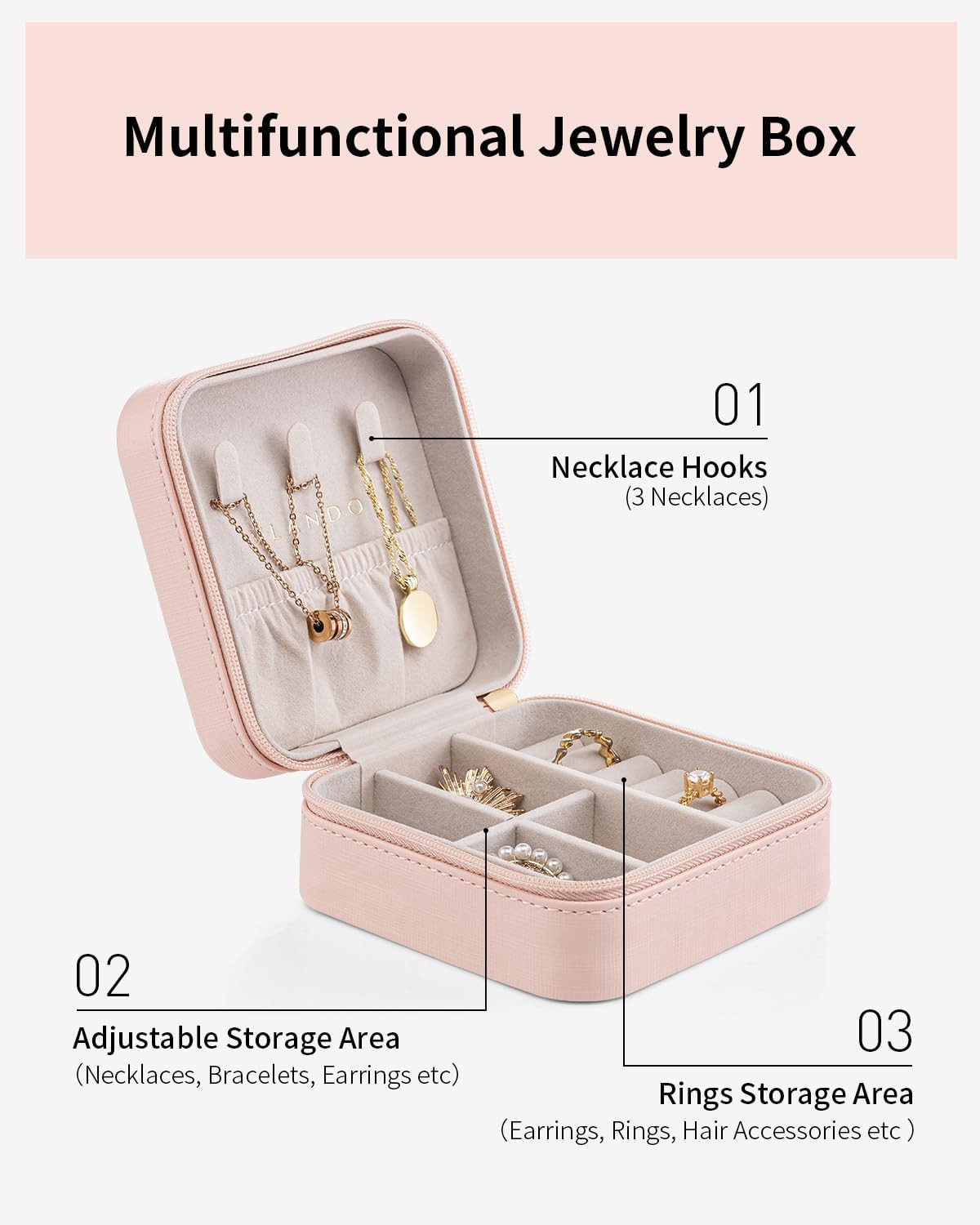 Pink Travel Jewelry Case Teacher Gift Organizer Box for Women Girls