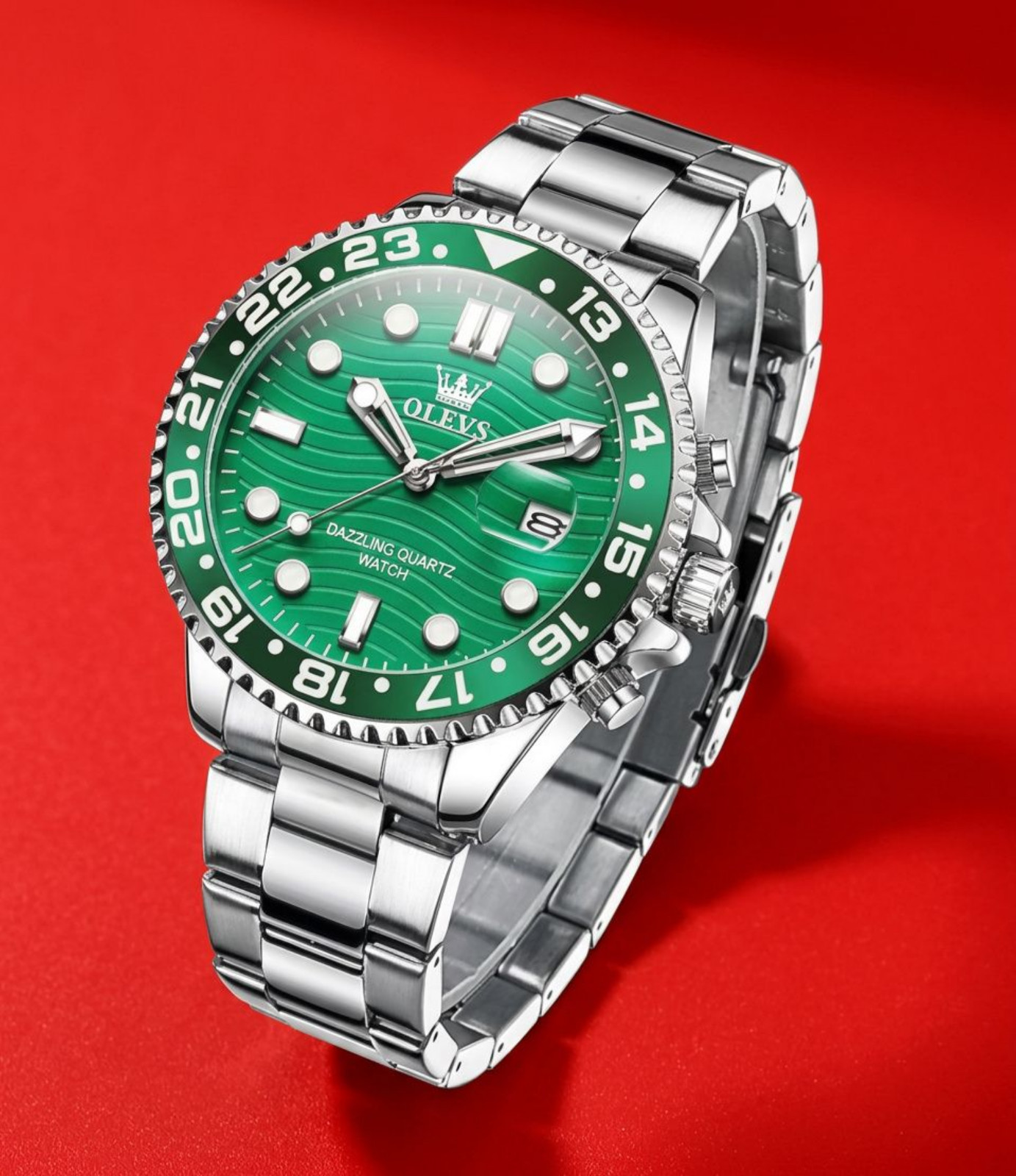Men’s Waterproof Diver Quartz Silver Bracelet Case Watch Green Dial Bezel Olevs