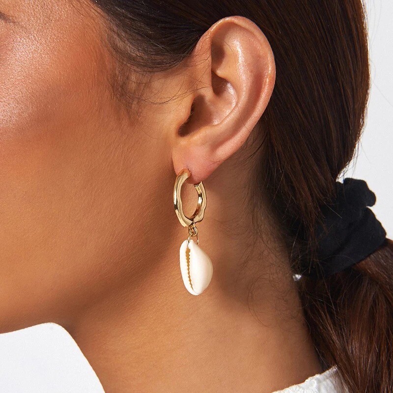 ZARD Cowrie Shell Hoop Earrings Matte Gold-Tone Summer Boho Jewelry