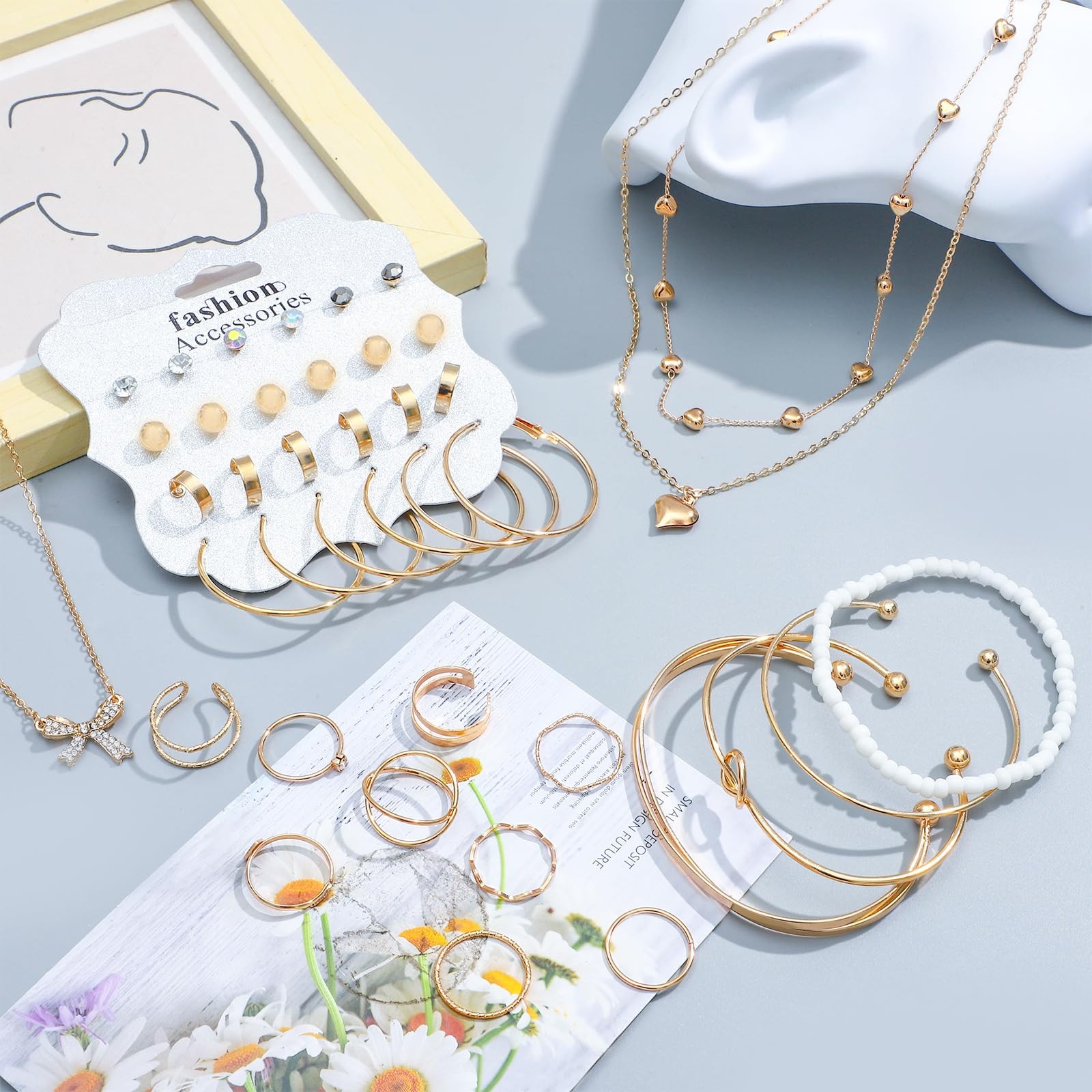 NEWITIN 49 Pieces Gold Jewelry Set for Women One Size, A