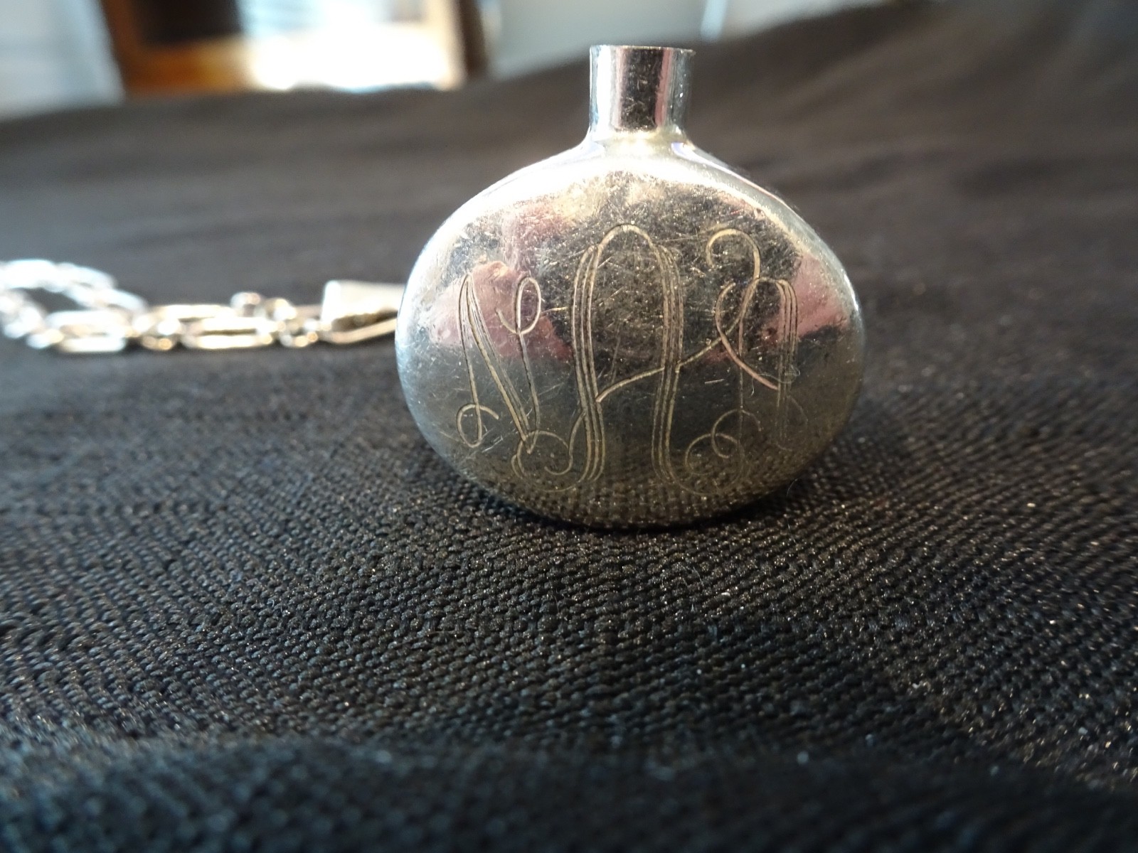 #600–VINTAGE MEXICO STERLING SILVER PERFUME PENDANT WITH INITIALS AND CHAIN-925