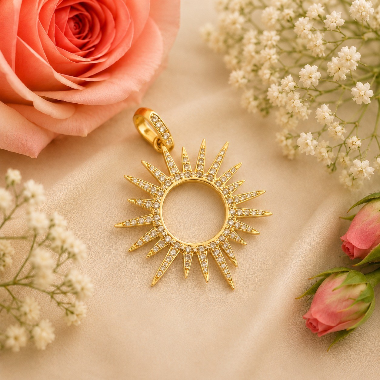 Gold Plated Sunburst Pendant Necklace Charm Cubic Zirconia Statement Jewelry Gif