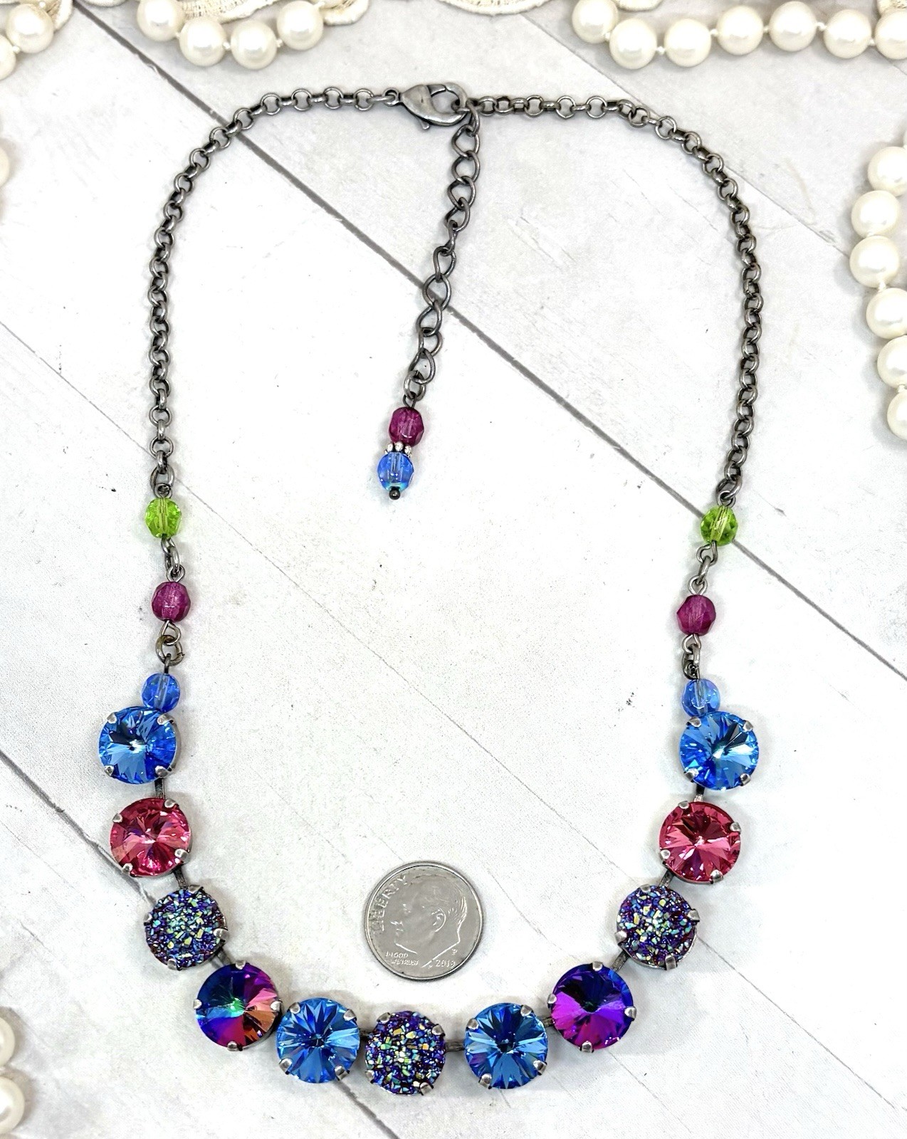 12mm Antique Silver Plated Ice Blue And Pink Druzy Cup Chain Statement Necklace