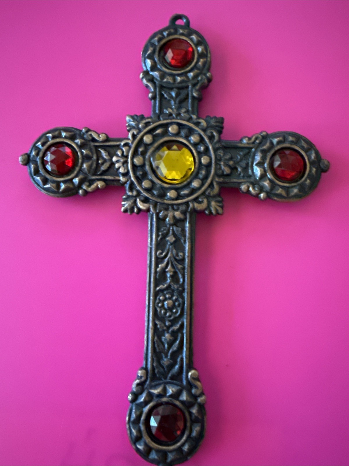 Vintage Brass Red And Yellow Gem Cross – Pendant Or Ornament