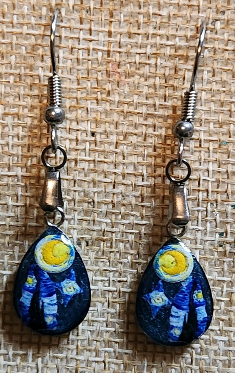 Handmade Resin Stainless Steel Earrings – Van Gogh Starry Night Inspired