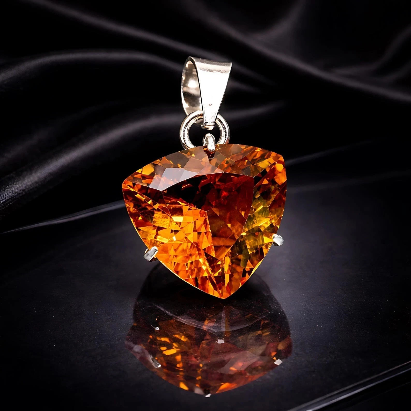 Natural Certified Trillion Cut 24.90 Ct Orange Sapphire Gemstone Silver Pendant