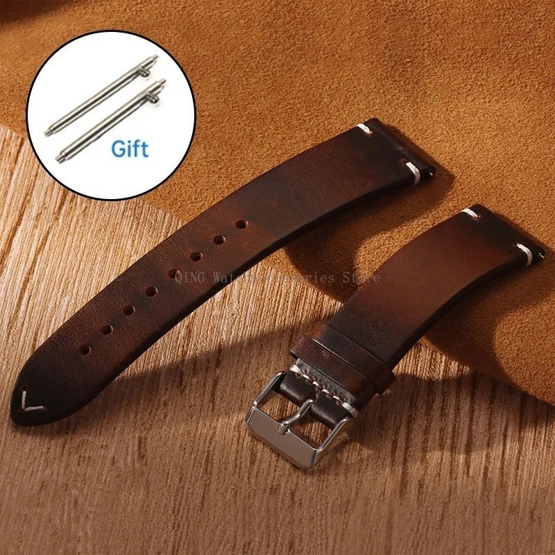 Retro Oil Wax Genuine Leather Watch Band 18 19 20 21 22 24mm Thin Cowhide Strap