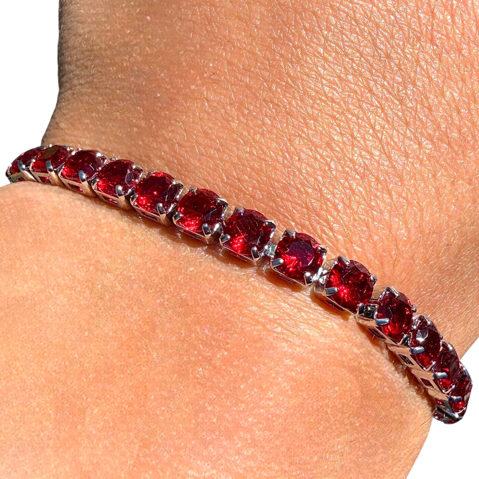 Tennis Bracelet Red Stones Silver Plated 6.7in 7.5in Dainty
