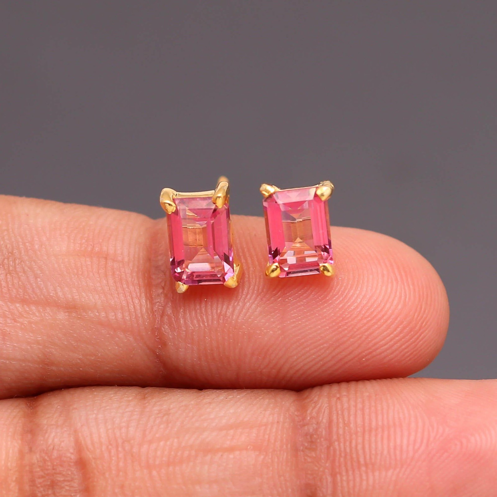 Natural Pink Topaz Octagon Stud Earrings Gold Plated 925 Sterling Silver Jewelry