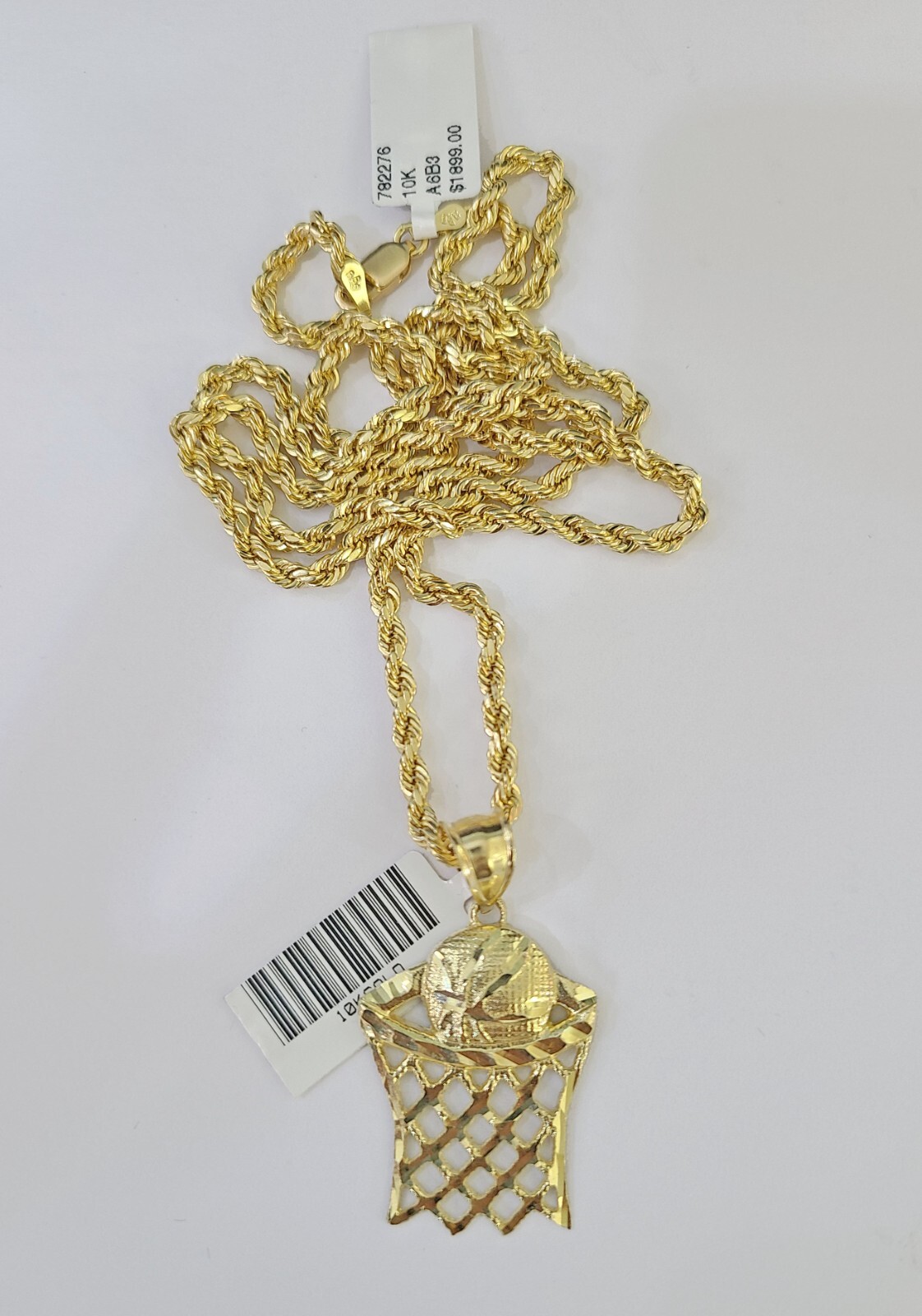 10k Gold Basketball Goal Pendant Rope Chain 3mm 18” Necklace Set Yellow Genuine