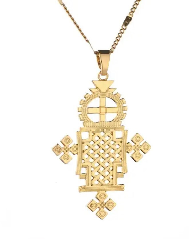 24K Gold Plated Ethiopian Coptic Cross with 20 inch chain (Gold or Silver Color)