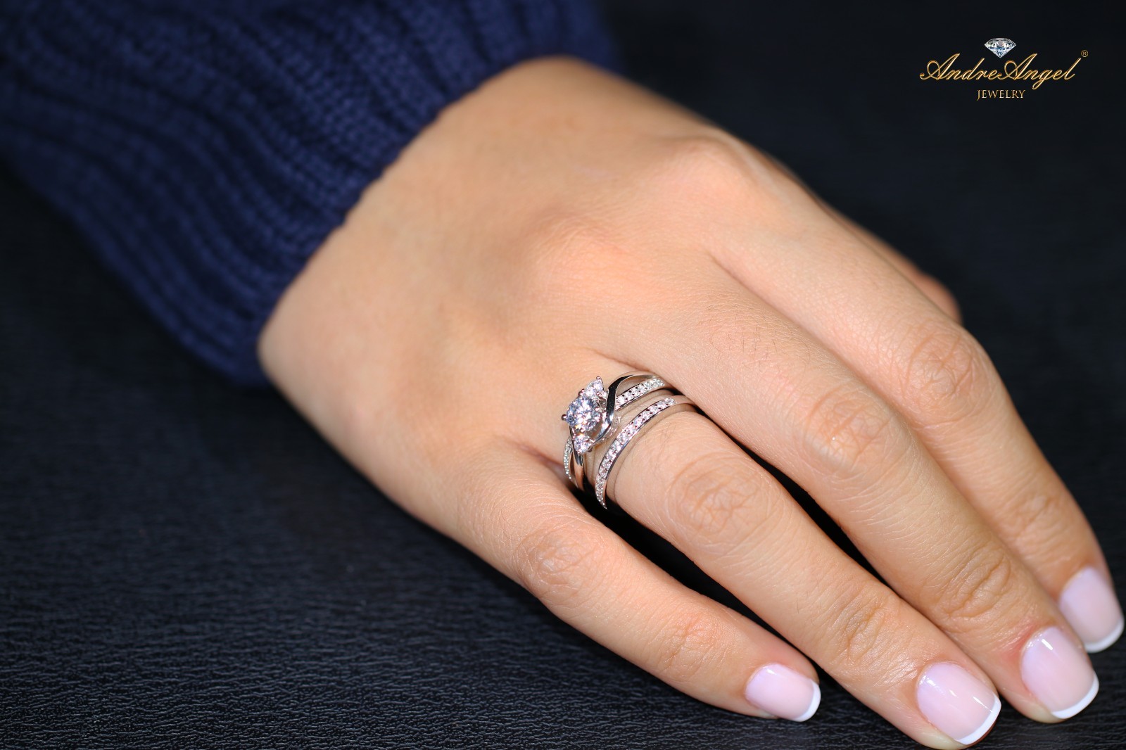 Solid Silver 925 Wedding Engagement Ring Set Infinity 3-Stone Cubic Zirconia 5A+