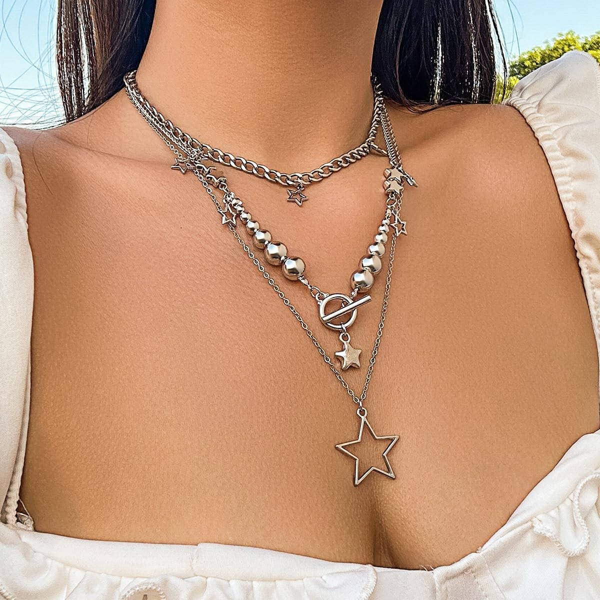 Salircon 2 Pieces Silver Star Necklace Y2K Jewelry Set Medium, 1
