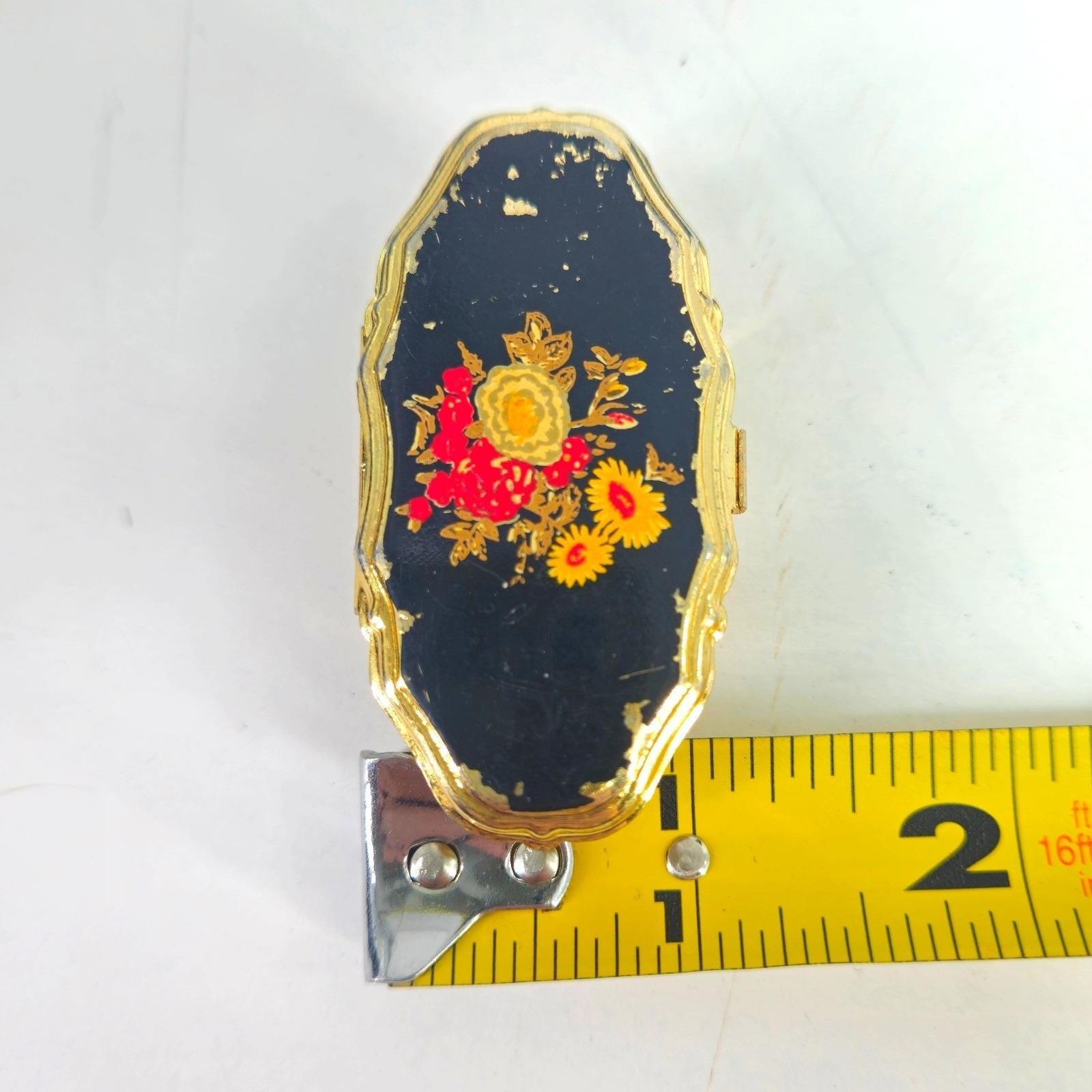 Vintage Lipstick Holder Flip Compact Mirror Handpainted Floral Gold Tone Black