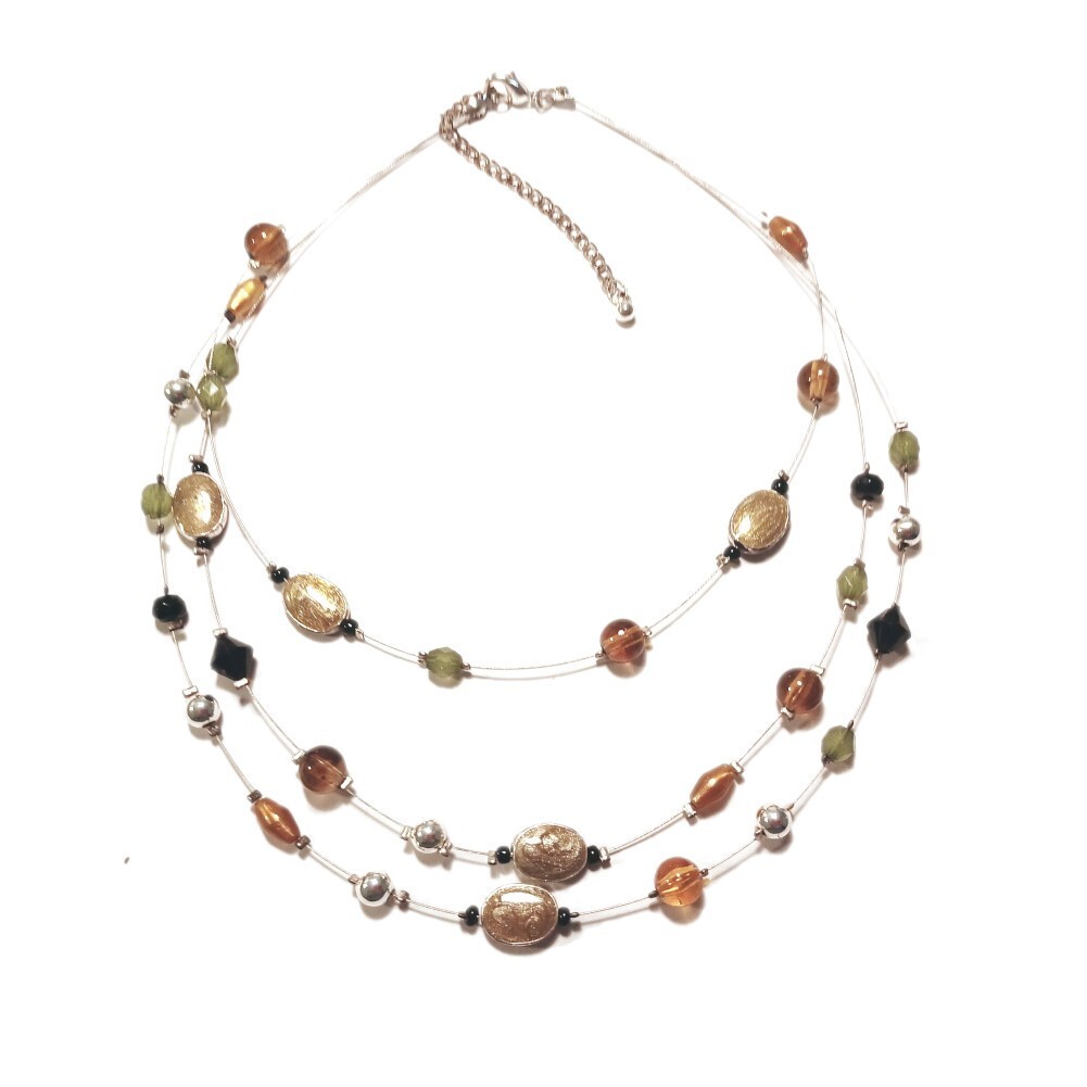 Brown Green Black Necklace Silver-Tone Wire Illusion Layered Lightweight 14”