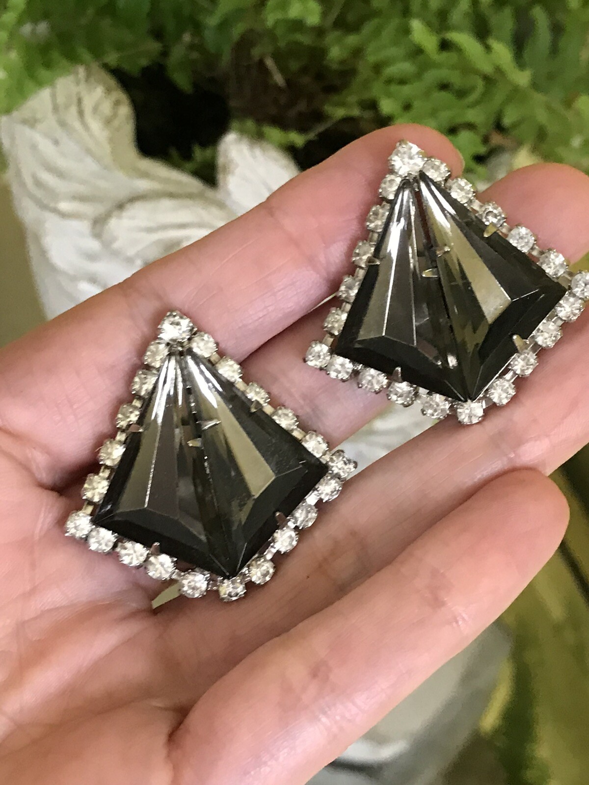 Vintage Smokey Gray Crystal Clear Zirconia Silver Tone Kite Clip Earrings