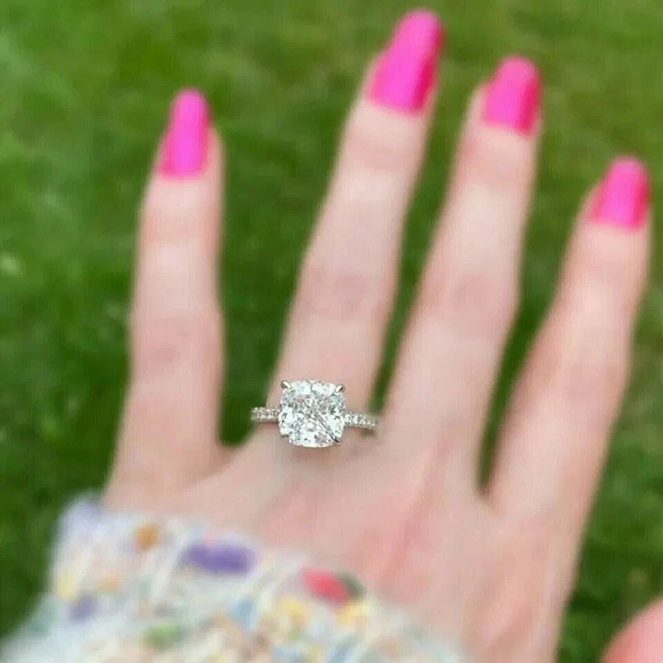 4 Carat Cushion Cut Lab Created Diamond Engagement Ring 14K White Gold Finish